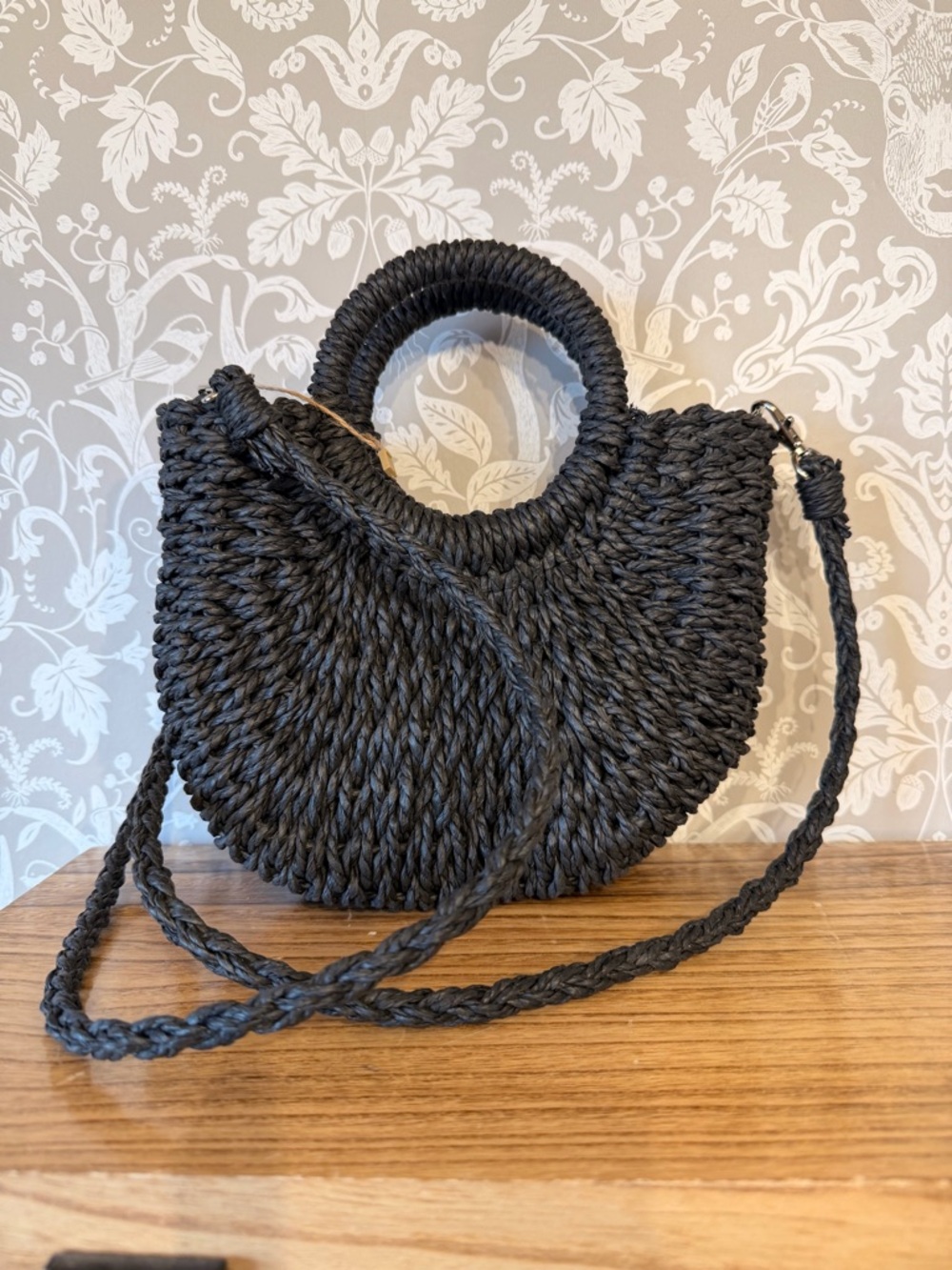 Raffia Black Top Handle Mini Satchel w/ Removable Crossbody Strap NWOT